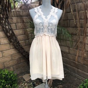 Audrey 3+1 Lace Sheer Chiffon High Low Hem Dress